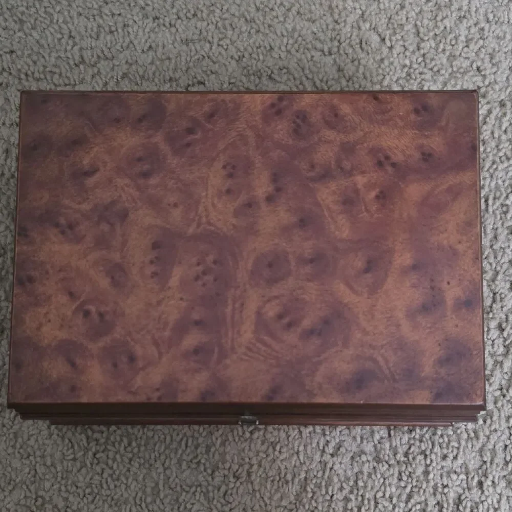 Pristine Vintage 1980s Burl Wood Jewelry Box Large Keepsake Chest Drawer Mint